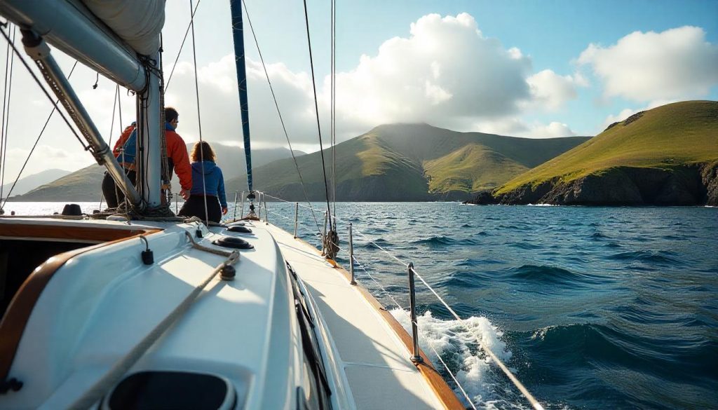 Yacht in Porto Pim Bay during navigating Portugal Atlantic winds, with the crew securing rigging and hills in the background.